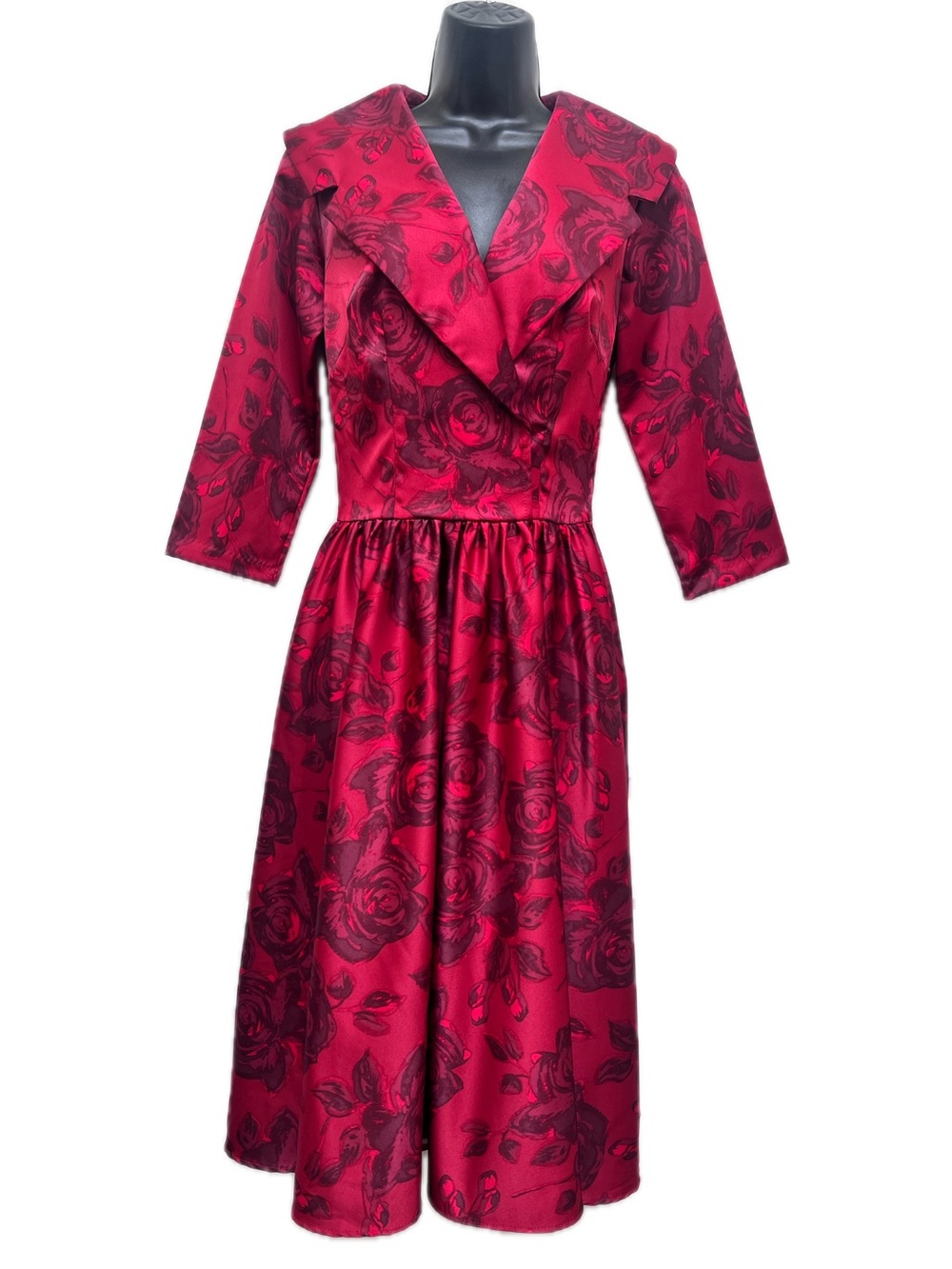 Pinup Couture Red Floral Satin Fit & Flare Midi Dress Small Made in USA - Picture 3 of 12